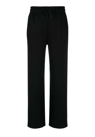 Zwarte sportbroek met een trekkoord in de taille, recht gesneden ontwerp, zachte stof en twee zijzakken voor functionaliteit.