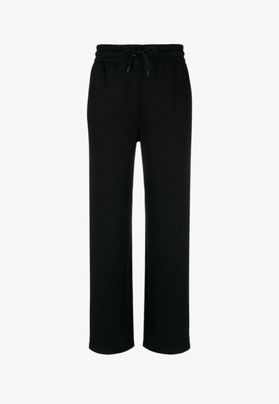 Zwarte sportbroek met een trekkoord in de taille, recht gesneden ontwerp, zachte stof en twee zijzakken voor functionaliteit.