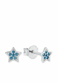 Pendientes de studs en forma de estrella plateada con rhinestones azules, presentando un acabado pulido y un respaldo de poste seguro.