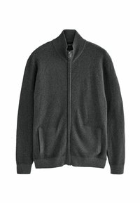 Sweter z dzianiny w ciemnoszarym kolorze, z wysokim kołnierzem, zamkiem błyskawicznym z przodu i dwoma bocznymi kieszeniami; ma teksturowany wzór i ściągacze przy mankietach.
