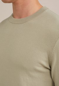 Suéter de punto verde claro con un cuello redondo acanalado y una textura suave. El diseño ajustado resalta la suavidad de la tela.