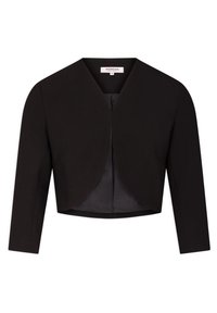 Schwarze cropped Jacke mit langen Ärmeln und einem runden, offenen Vorderteil. Aus glattem Stoff ohne Verschlüsse oder Verzierungen gefertigt.