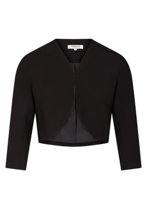 Giacchetto nero corto con maniche lunghe e davanti arrotondato e aperto. Realizzato in tessuto liscio senza chiusure o decorazioni.