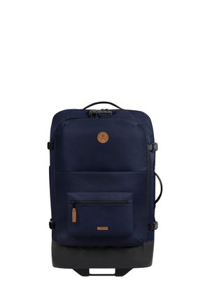 Navy blue backpack with a smooth fabric texture, featuring a large main compartment, front zip pocket, dark base, and brown leather accents.