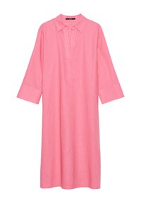 Rosa Leinenkleid mit Kragen, halber Knopfleiste und Dreiviertelärmeln. Weicher Stoff, gerade Silhouette und knielanges Design.