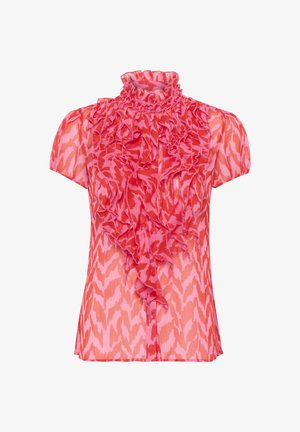 Blusa rosa a maniche corte con colletto alto arricciato e parte anteriore, caratterizzata da un vivace motivo in tonalità di rosa e corallo. Tessuto leggero.
