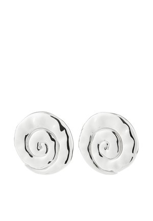 Pair of shiny silver spiral-shaped stud earrings with a smooth, slightly wavy surface and reflective finish.