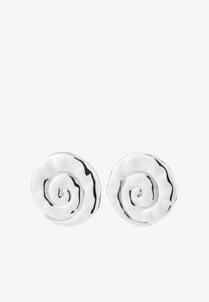 Pair of shiny silver spiral-shaped stud earrings with a smooth, slightly wavy surface and reflective finish.