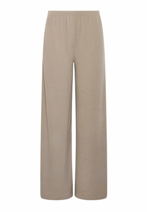 Beige wijde broek met elastische tailleband, gladde stof en rechte zoom, ontworpen voor casual of comfortabel dragen.