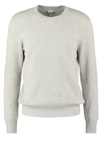 Pull gris clair en tissu tricoté texturé. Présente un col rond, des poignets et un ourlet côtelés pour un look ajusté.