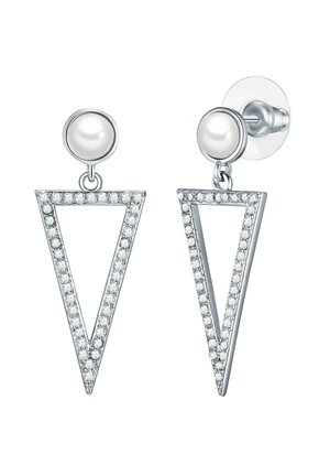 Boucles d'oreilles pendantes en argent avec des clous de perles blanches rondes et des cadres triangulaires inversés ouverts incrustés de petits cristaux clairs.