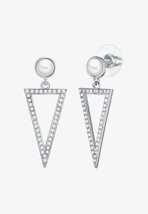 Boucles d'oreilles pendantes en argent avec des clous de perles blanches rondes et des cadres triangulaires inversés ouverts incrustés de petits cristaux clairs.