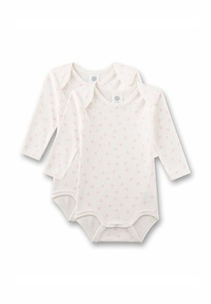 Due body bianchi per neonati a manica lunga con piccoli motivi a cuoricino rosa e chiusure a pressione nella parte inferiore.