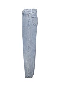 Jeans in denim azzurro chiaro con un design a gamba dritta, stile classico a cinque tasche e dettagli di cucitura. Vita visibile e cucitura laterale.