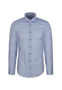 Chemise habillée bleu clair à manches longues avec un petit motif à pois, boutonnée sur le devant et col pointu.