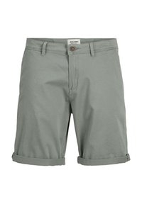 Gray cotton shorts with a button closure, rolled-up hem, and a front pocket. Clean, smooth texture and simple design.