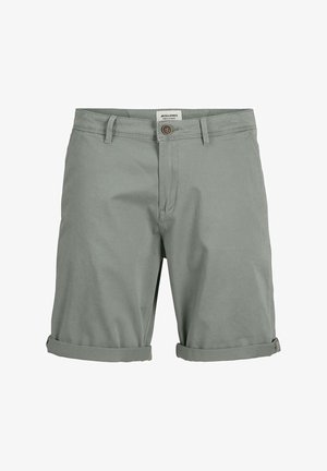 Grijze katoenen shorts met een knoopsluiting, opgerolde zoom en een voorkantzak. Schone, gladde textuur en eenvoudig ontwerp.