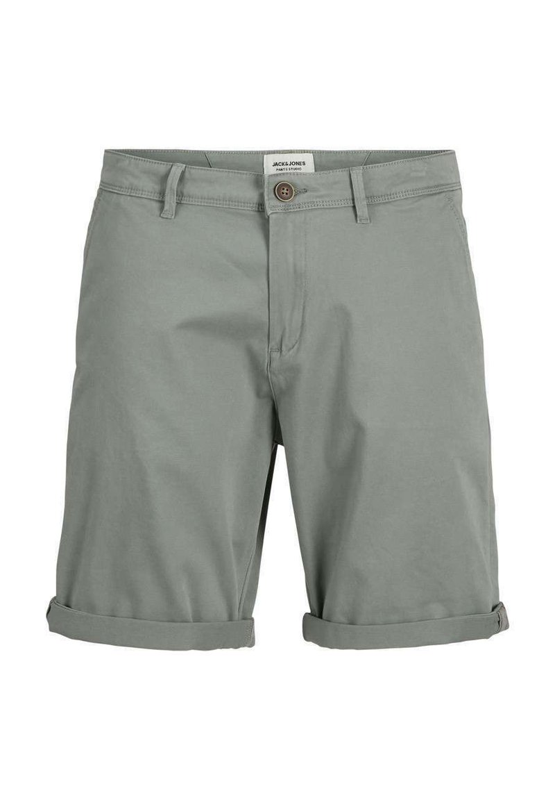 Gray cotton shorts with a button closure, rolled-up hem, and a front pocket. Clean, smooth texture and simple design.