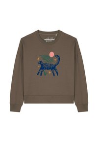 Bruine crewneck sweatshirt met een blauwe kattenafbeelding met spiralen, groene bladeren en een roze cirkel, in een ontspannen pasvorm.