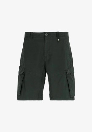 Pantalones cortos de carga en tejido verde oscuro, con dos grandes bolsillos laterales, pasadores para cinturón en la parte delantera y cierre de botón. Material texturizado y duradero.