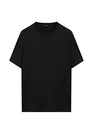 Zwart T-shirt met korte mouwen en ronde hals, effen ontwerp zonder zichtbare patronen of logo's, weergegeven op een witte achtergrond.