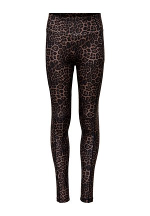 Leggings with a brown and black leopard print pattern, high waistband, and slim fit design shown against a white background.