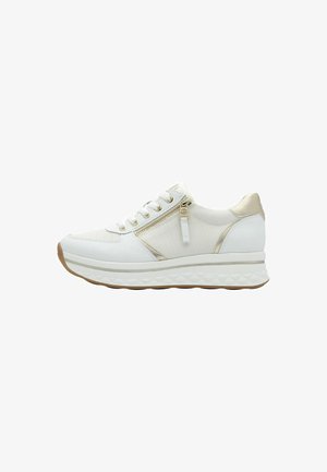 White sneaker with gold accents, textured fabric panels, lace-up design, side zipper, and a thick, sculpted sole with a diamond pattern.