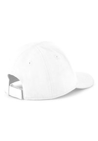 Witte katoenen baseballpet met een gestructureerde kroon, gebogen klep, zespanelenontwerp, verstelbare strap aan de achterkant en ventilatiegaten.
