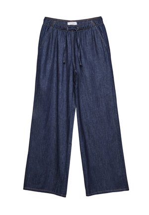 Pantaloni in denim a gamba larga con vita regolabile, colore blu intenso, texture liscia e dettagli di cucitura a contrasto.