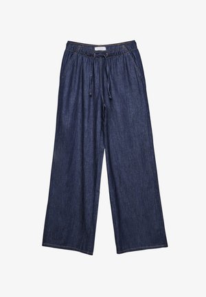 Weite Denim-Hosen mit einem Kordelzugbund, tiefblauer Farbe, glatter Textur und kontrastierenden Stichdetails.