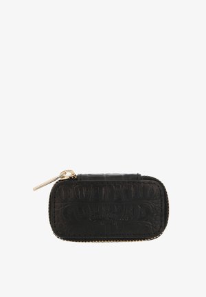 Black crocodile-embossed leather case with a gold zipper and pull tab, featuring a smooth texture and rounded rectangular shape.