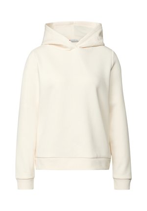 Cream-colored hoodie with long sleeves, a front pocket area, and a hood, shown on a white background.