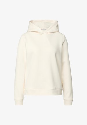 Cremefarvet hættehætte med lange ærmer, en frontlomme og en hætte, vist på en hvid baggrund.