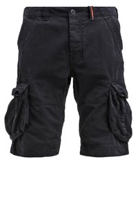 Short cargo noir avec grandes poches latérales et taille boutonnée, en tissu robuste.