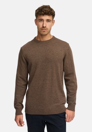 Jonge man met krullend haar, gekleed in een bruine gebreide trui en donkere broek, staand met een neutrale uitdrukking tegen een lichte achtergrond.