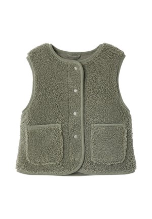 Grüne Fleece-Weste mit einer weichen, strukturierten Oberfläche, Rundhalsausschnitt, Druckknöpfen und zwei vorderen Taschen. Ohne Ärmel, lässiges Design.