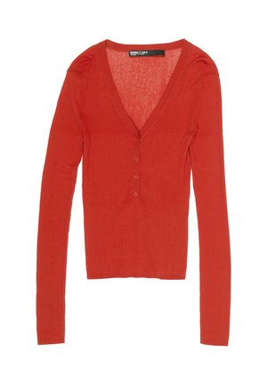 Rdeče-oranžen, dolgo rokaven zgornji del iz rebrastega pletenega materiala z globokim V-izrezom in tremi majhnimi gumbi na sprednji steni.