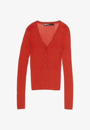 Sarkana oranža ribaina adīta garroku blūze ar dziļu V veida izgriezumu un trim maziem pogu aizdares elementiem priekšpusē.