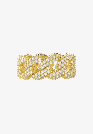Gold-toned ring featuring a twisted design adorned with multiple round, clear stones, with a textured, polished finish.