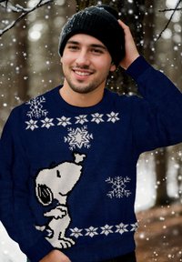 Maglione a maglia blu navy con un grande design di Snoopy, dettagli in bianco e nero, motivi a fiocco di neve e polsini a coste.