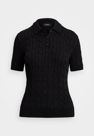 Fekete, rövid ujjú, kábelmintás póló felső három gombbal, bordázott gallérral és szegéllyel, slim fit fazon.
