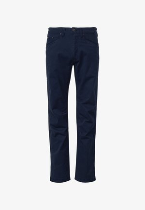 Granatowe spodnie wykonane z bawełny, o prostym kroju, z pięcioma kieszeniami oraz zamkiem błyskawicznym i zapięciem na guzik. Gładka faktura.