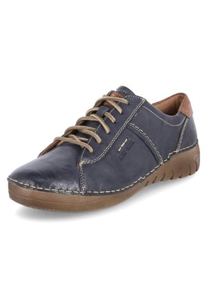 Navy blue leather sneaker with light brown accents, round toe, beige laces, and contrasting stitching on a flexible brown sole.