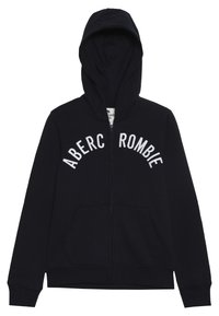 Sort zip hoodie med snøre i huen, der har hvid tekst "ABERCROMBIE" på tværs af brystet og frontlommer. Blødt stof, afslappet design.