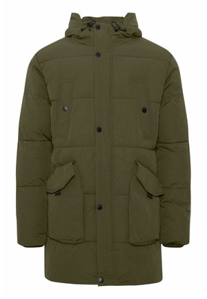 Padded Parka in Olivgrün, mit verstellbarem Kapuzenzug, großen Fronttaschen, schwarzen Knöpfen und einem leicht strukturierten Stoff.