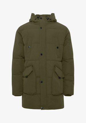 Padded Parka in Olivgrün, mit verstellbarem Kapuzenzug, großen Fronttaschen, schwarzen Knöpfen und einem leicht strukturierten Stoff.