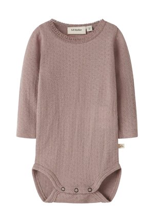 Body bébé en tricot mauve à manches longues avec encolure festonnée et boutons-pression au bas.