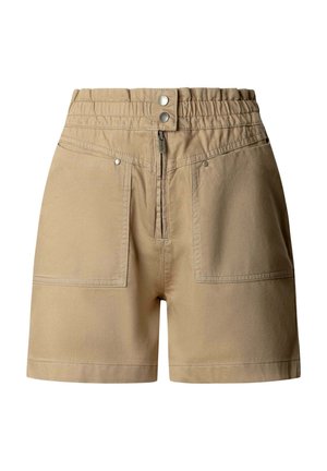 Beige shorts met hoge taille, elastische tailleband, voorrits, drukknopen en twee grote voorzakken.