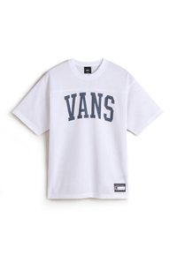 Bílý síťovaný tričko s krátkým rukávem s potiskem "VANS" v tmavě modré barvě. Má kulatý výstřih a štítek v pravém dolním rohu.