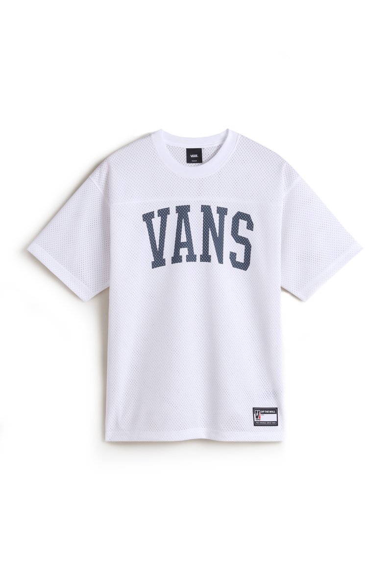 Bílý síťovaný tričko s krátkým rukávem s potiskem "VANS" v tmavě modré barvě. Má kulatý výstřih a štítek v pravém dolním rohu.